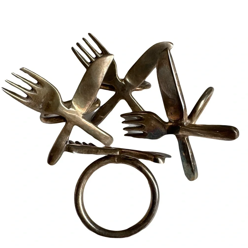 Set of 4 vintage napkin rings utensils silverware fork knife